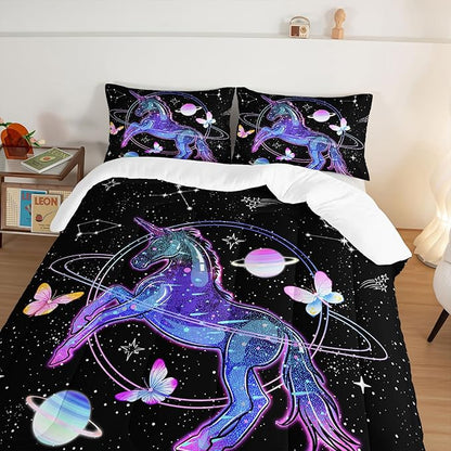 HOSIMA Unicorn Bedding Sets for Girls Kids,Butterfly Star Empty Galaxy Comforter,Unicorn Bedroom Decor for Girls Boys,Soft Microfiber Black King Size Comforter Set,Butterfly Crib Bedding Set.