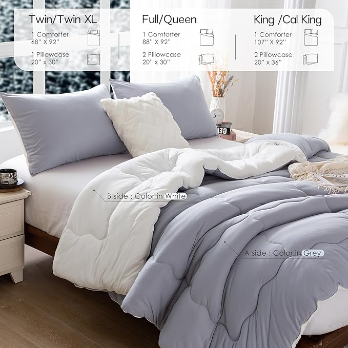COTTEBED Winter Reversible Queen Bed Comforter Set, Warm Milk Cup Ultra-Soft Breathable Fluffy Cosy Full Size Bedding 1 Down Alternative Comrter & 2 Pillow Sham Winter Use Gray and White