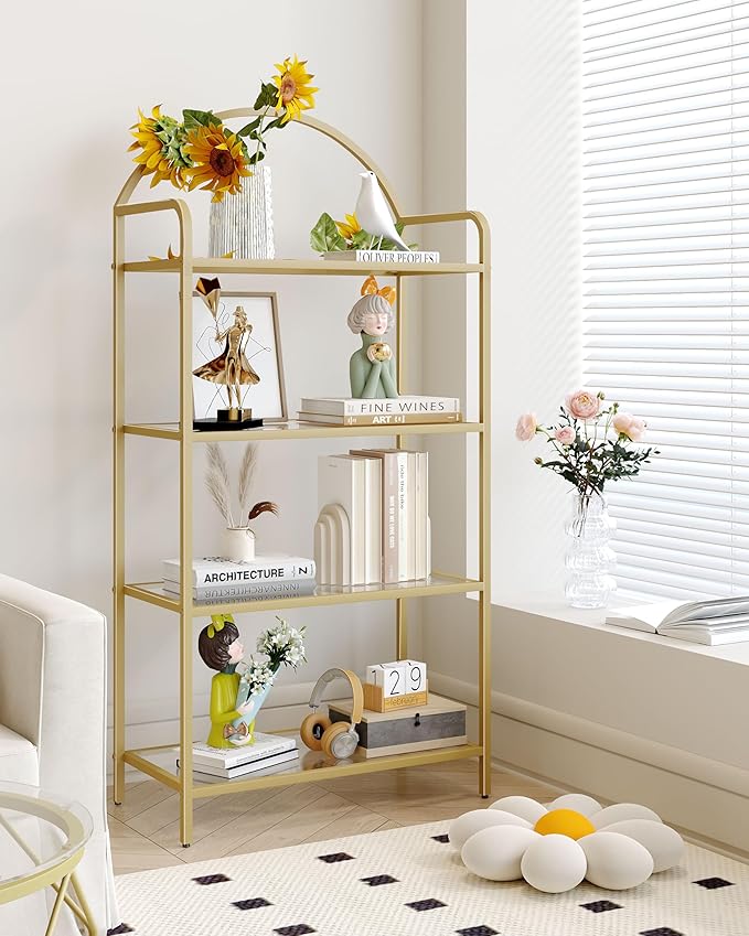 Bookcase Bookshelf, Tempered Glass Bookshelves, Slim Shelving Unit for Bedroom, Bathroom, Home Office, Steel Frame, 4 Tier Gold BC21499G