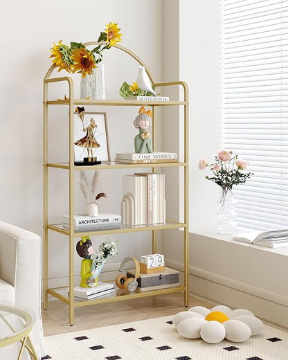 Bookcase Bookshelf, Tempered Glass Bookshelves, Slim Shelving Unit for Bedroom, Bathroom, Home Office, Steel Frame, 4 Tier Gold BC21499G