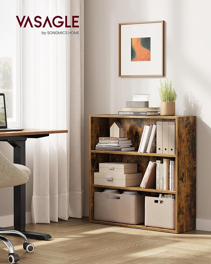VASAGLE Bookshelf, 31.5 Inches Wide, 3-Tier Open Bookcase with Adjustable Storage Shelves, Floor Standing Unit, Rustic Brown ULBC173X01