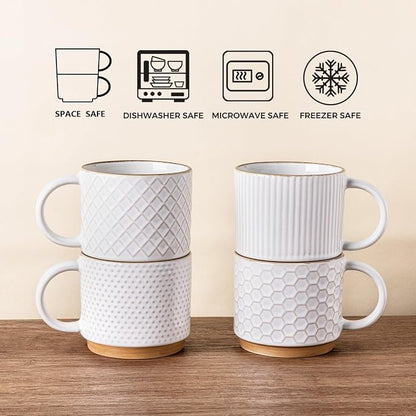 GBhome 12 OZ Stackable Coffee Mugs Set of 4, Ceramic White Coffee Cups Set | Coffee Mugs With Stand, Dishwasher&Microwave Safe, 4 Assorted Designs