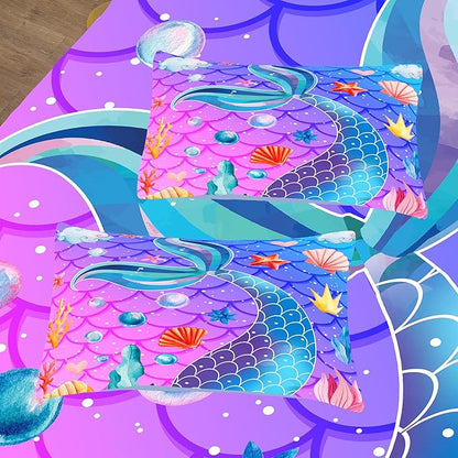 NINENINE Purple Mermaid Tail Comforter Sets for Girls,Twin Princess Bedding Sets for Teens Girls,Blue Glitter Comforter Sets,Sparkly Fish Scales Comforter Sets with 1 Comforter 1Pillowcase