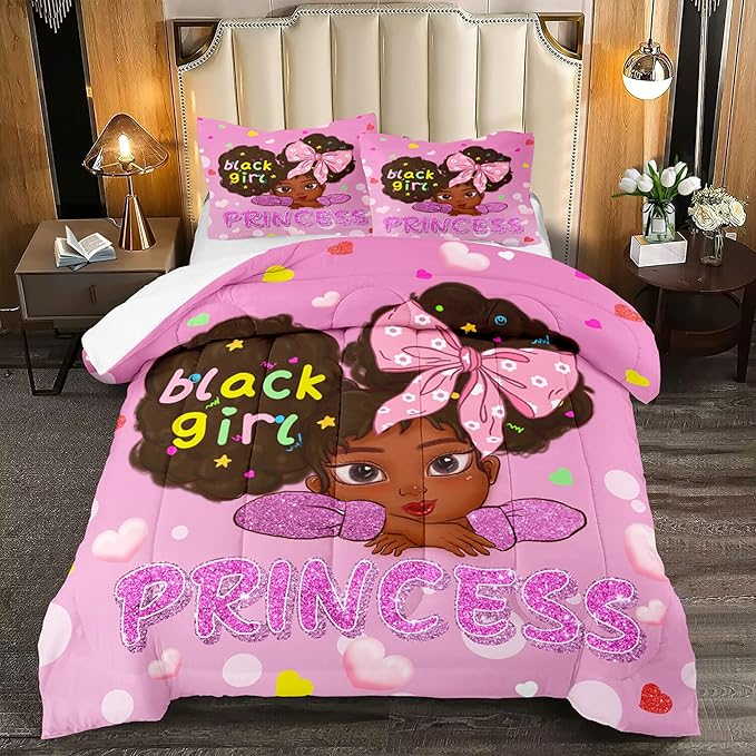 Black Girl Full Size Comforter Sets for Girls-Black African American Girls Full Size Bedding Sets Pink Princess Full Size Comforter Sets Girls Room, Full (1 Comforter 2 Pillowcases)
