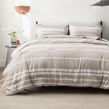Bedsure Bed in a Bag Full Size 7 Pieces, Light Camel White Striped Bedding Comforter Sets All Season Bed Set, 2 Pillow Shams, Flat Sheet, Fitted Sheet and 2 Pillowcases