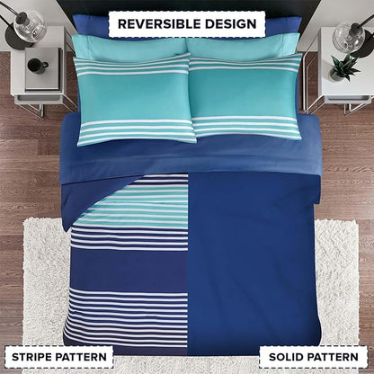 Comfort Spaces Twin Comforter Sets with Sheets - Bed in a Bag 6 Pieces Teen Bedding Sets Twin, Navy and Grey Stripes Bedding Twin, College Twin Bed Set, 2 Side Pockes Bedroom Organizer Twin Navy