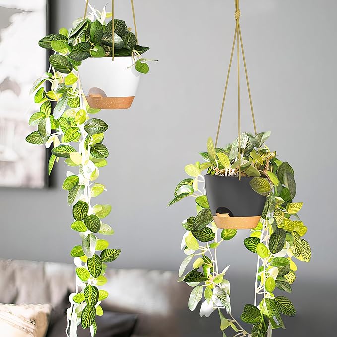 ZMTECH 6.5 Inch Hanging Planters for Indoor Outdoor Plants, 2 Pack Self Watering Hanging Plant Pots with Drainage Holes and Removable Saucer, Plastic Flower Hanging Pots with Watering Lip (Black)