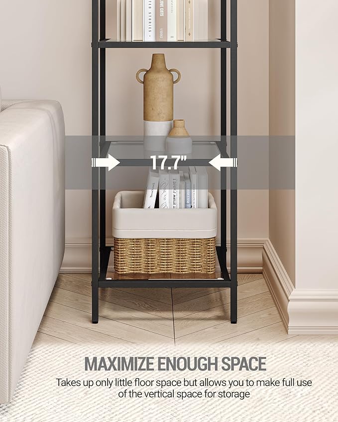 Bookcase Bookshelf, Tempered Glass Arched Bookshelf for More Storage, Slim Shelving Unit for Bedroom, Bathroom, Home Office, Steel Frame, 5 Tier Black BC20599B