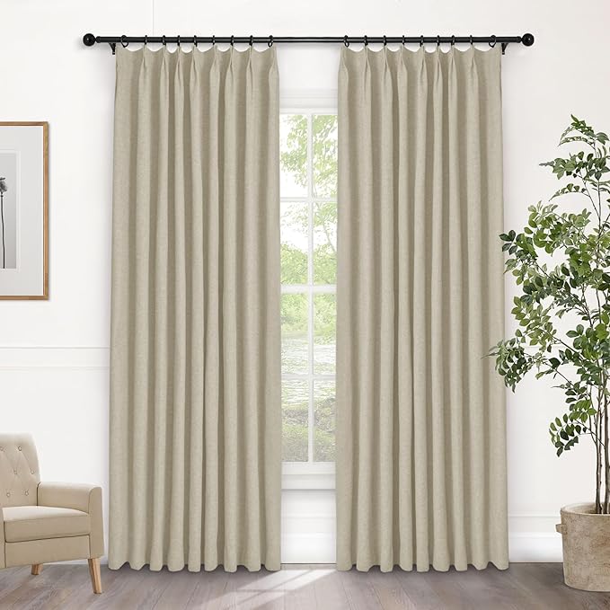 Macochico Pinch Pleated 100% Blackout Curtains Beige Linen Curtains for Bedroom Living Room Farmhouse Thermal Insulated Window Panels Pleated Curtains with Hooks and Tieback 52”Wx72”L 1 Panel