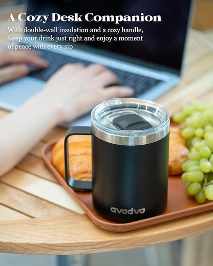 12oz Insulated Coffee Mug with Lid – Includes Two Lids, Stainless Steel Coffee Travel Mug with Handle, Double Wall Vacuum Insulated Camping Mug for Home, Office & Outdoor, Black