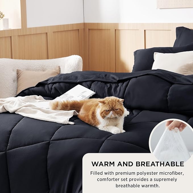 Bedsure Black King Size Comforter Set - 7 Pieces Solid King Bed Set, King in a Bag with Quilted Warm Fluffy Comforters, Sheets, Pillowcases & Shams