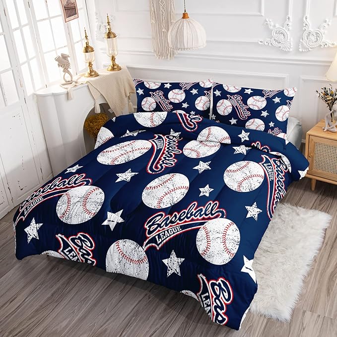 3D Baseballs Comforter Twin Size,Blue Baseball Kids Comforter Set,3Pcs Bedding Set Printed Comforter with 2 Pillowcases,Down Alternative,Soft and Lightweight,for All Seasons