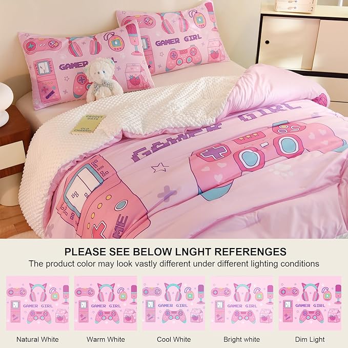 Video Game Twin Size Comforter Set for Girls Kids Teens 3D Gaming Controller Pattern Gamepad Print Bedding Set- 3 Piece Pink Quilt with 2 Pillowcases (68"x90")