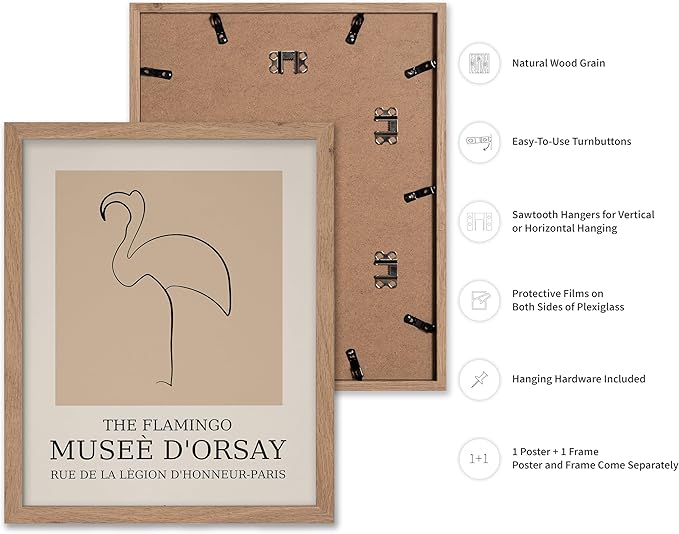Poster Master Vintage Poster - Retro Minimalist Print - Gift for Artist, Housewarming - Flamingo, Line Drawing, Sketch, Abstract - Wall Decor for Living Room, Bedroom, 16x20 Beige Framed