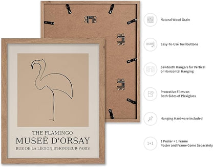 Poster Master Vintage Poster - Retro Minimalist Print - Gift for Artist, Housewarming - Flamingo, Line Drawing, Sketch, Abstract - Wall Decor for Living Room, Bedroom, 16x20 Beige Framed