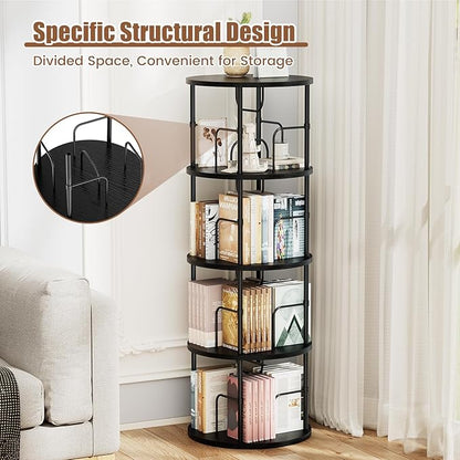 Rotating Bookshelf, 4 Tier Spinning Bookshelf Tower, 360° Display Unique Round Bookcase, Floor Standing Corner Revolving Bookshelf Storage Organizer for Small Spaces, Home Study Office, Black