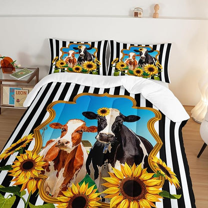 HOSIMA Animal Theme Bedding Set Bull and Cow Comforter with 2 Pillowcase,Black and White Stripes Comforter Set for Adults Teens Kids,Sunflower Print Western Bedding Sets Queen.