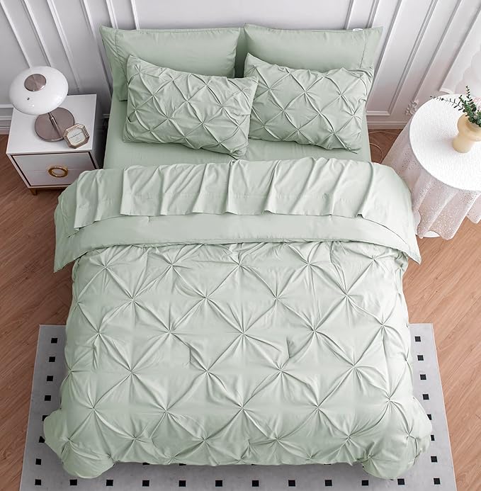 LANE LINEN King Size Comforter Set, 7 Piece Bed in a Bag King Size Set, Pintuck King Bed Set, Soft King Bedding Set, Pinch Pleated King Size Comforter Set with Sheets, Pillowcases & Shams - Mineral