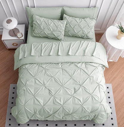 LANE LINEN King Size Comforter Set, 7 Piece Bed in a Bag King Size Set, Pintuck King Bed Set, Soft King Bedding Set, Pinch Pleated King Size Comforter Set with Sheets, Pillowcases & Shams - Mineral