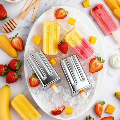 Popsicle Molds Set 6 Pieces Stainless Steel Ice Popsicle Maker, Homemade Popsicle Molds with 50 Sticks, 20 Bags, 14 Silicone Seals, 1 Cleaning Brush & 1 Stand, DIY Ice Pop Mold Maker for Kids (Square)