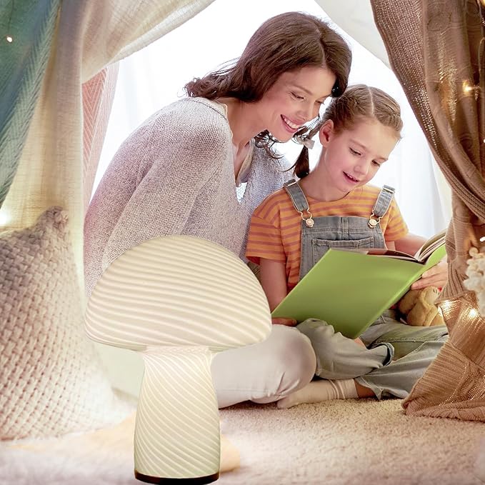 Mushroom Lamp,Glass Table Bedside Lamps,Translucent Vintage Style Striped Small Night Mushroom Decor Light for Ambient,Kids,Bedroom,Living,Gift (Stripe White)