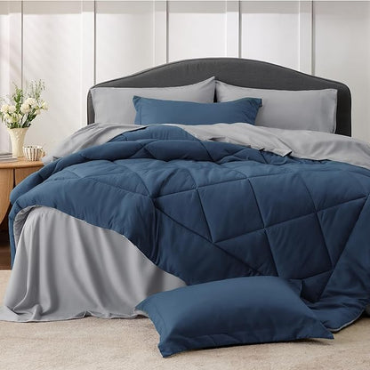 Bedsure Navy Full Size Bed in a Bag - 7 Pieces Reversible Comforter Set Full Bed Set with Comforters, Sheets, Pillowcases & Shams, Full Bedding Sets