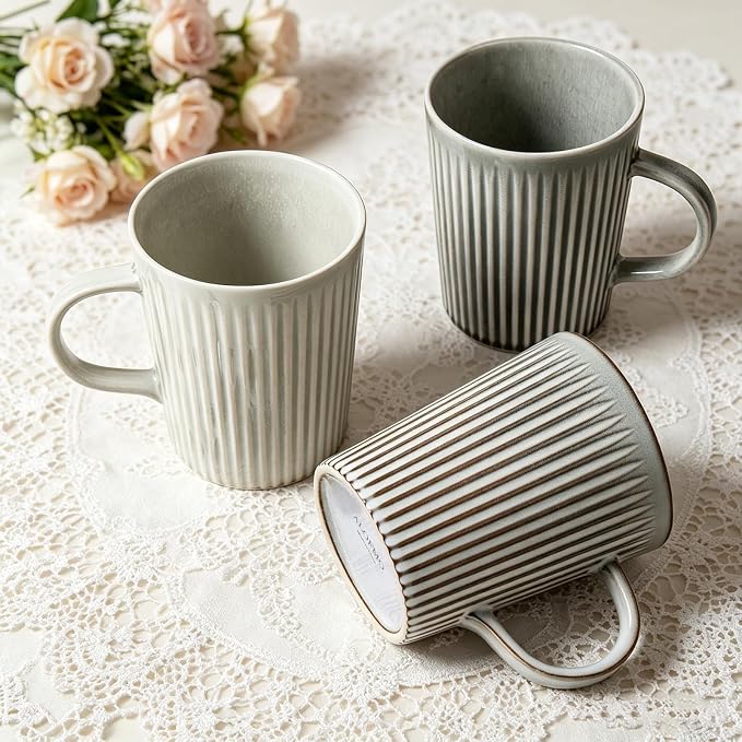 Coffee Mugs Set of 4, 18oz Large Striped Stoneware Coffee Cups with Handle | Handmade Ceramic Mugs Set for Women and Men, Dishwasher and Microwave Safe, Suitable for Hot Coffee, Tea, Cocoa, Milk, Glossy