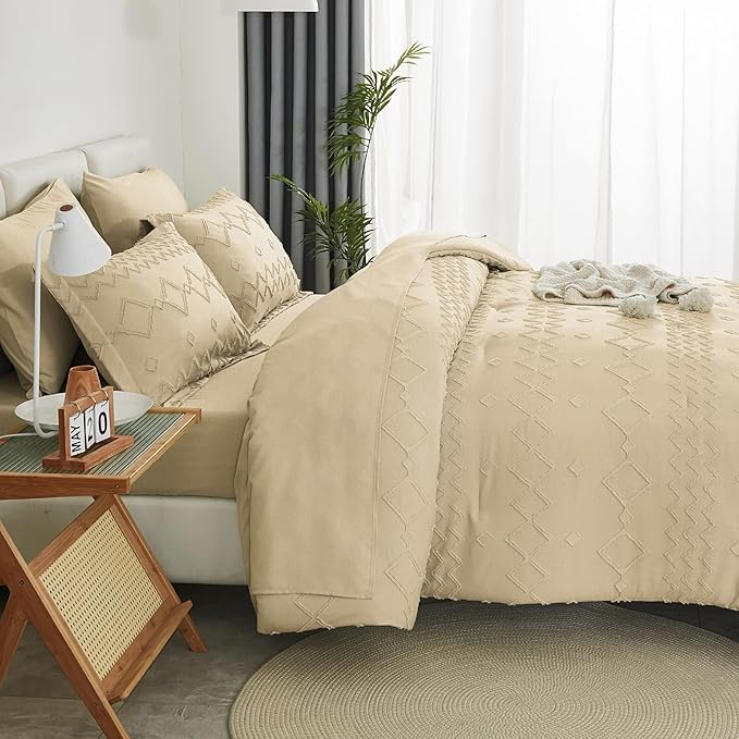 EMME Queen Comforter Set - 7 Pcs Beige Boho Bedding Sets, Full Size Tufted Comforter with Sheets, Shabby Chic Embroidery Queen Bed Set Fluffy Bed Bag for All Season(90"X90")
