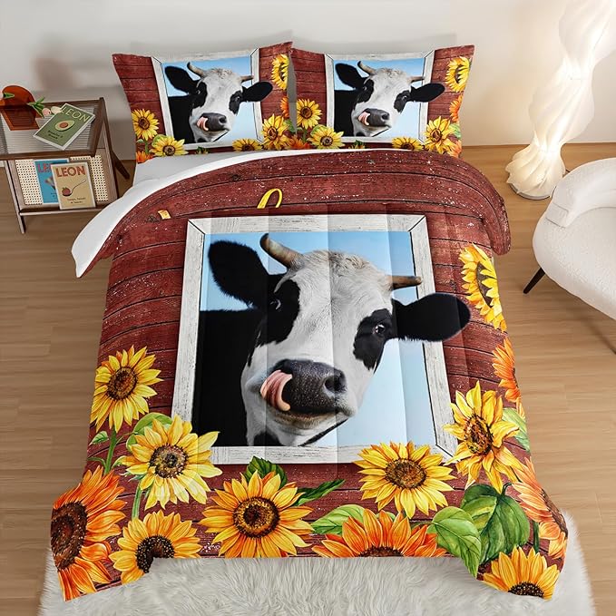 HOSIMA Farmhouse Animal Cow Comforter with 2 Pillowcases,Wooden Decor Terracotta Comforter for Adults Teens,Cow Print Bedding Room Decor,Sunflower Full Size Comforter Set.
