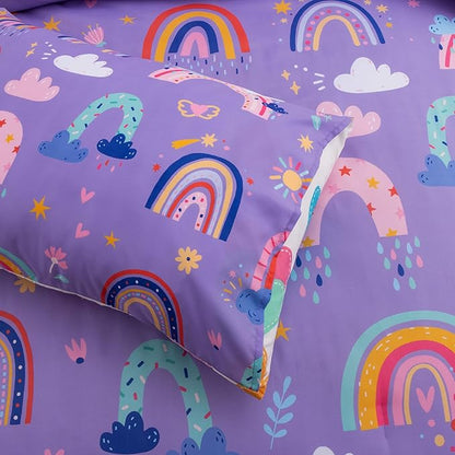 Btargot Lightweight Soft 3 Piece Rainbow Comforter Set with 2 Pillow Covers, Cartoon Love Hearts Flowers and Sun Star Bedding Set for Girls Boys Kids, Queen Dark Purple