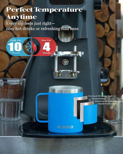 12oz Insulated Coffee Mug with Lid – Includes Two Lids, Stainless Steel Coffee Travel Mug with Handle, Double Wall Vacuum Insulated Camping Mug for Home, Office & Outdoor, Sapphire Blue