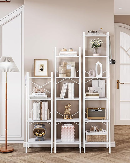 Ladder Shelf, Bookshelf Bookcase, Freestanding Corner Storage Shelve with 2 Hooks for Home Office, Living Room, Kitchen, Bedroom, Industrial, 6-Tier White BC13313W