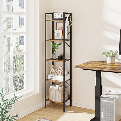 Bookshelf, Book Shelf, Industrial Bookcase with 2 Hooks, Coner Shelf Storage Organizer for Home Office, Living Room, Bedroom, Kitchen, 5-Tier Rustic Brown BC10501B