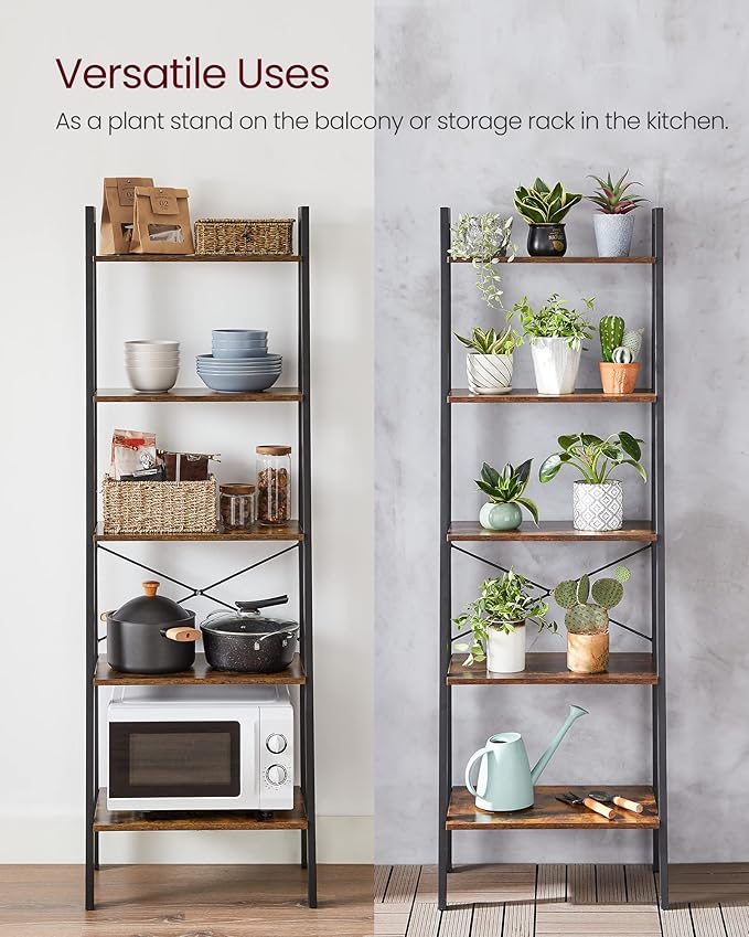 VASAGLE Ladder Shelf, 5-Tier Bookshelf, Storage Rack, Bookcase with Steel Frame, Wood Look Accent Furniture with Metal Frame, 22.1 x 13.3 x 67.7 Inches, Rustic Brown ULLS45X