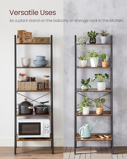 VASAGLE Ladder Shelf, 5-Tier Bookshelf, Storage Rack, Bookcase with Steel Frame, Wood Look Accent Furniture with Metal Frame, 22.1 x 13.3 x 67.7 Inches, Rustic Brown ULLS45X