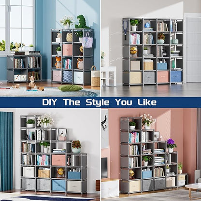 Mavivegue Book Shelf, 20 Cube Storage Organizer, DIY Bookcase, Metal Cube Bookshelf,Tall Book case for Bedroom, Living Room,Office,Closet Storage Organizer, Grey Cubicle Storage Rack