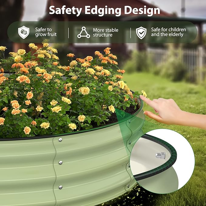 Raised Garden Bed Kit, 4x4x1 ft Round Galvanized Planter Box Outdoor with Safety Edging, Large Metal Raised Beds for Gardening Vegetables Flower Fruits (Avocado Green)