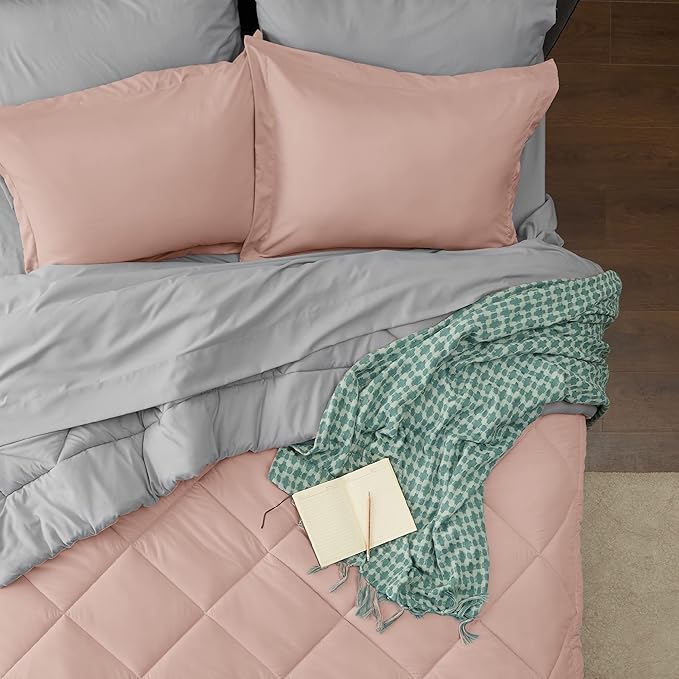 Bedsure Blush Pink Full Size Comforter Set - 7 Pieces Reversible Full Bed in a Bag, Full Bed Set with Comforters, Sheets, Pillowcases & Shams, Peach Pink Full Bedding Sets