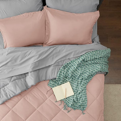 Bedsure Blush Pink Full Size Comforter Set - 7 Pieces Reversible Full Bed in a Bag, Full Bed Set with Comforters, Sheets, Pillowcases & Shams, Peach Pink Full Bedding Sets