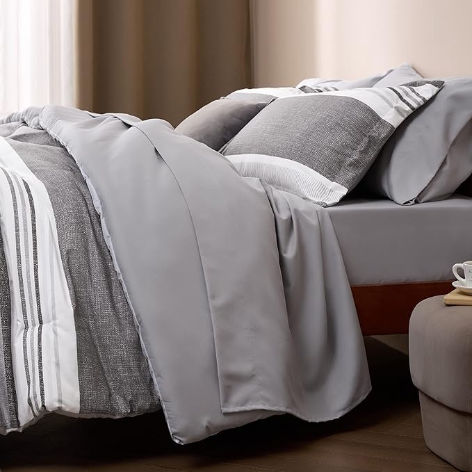 Bedsure Twin Comforter Set - 5 Pieces Grey White Striped Bedding Sets Twin Bed in A Bag with Comforters Twin Size, Sheets, Pillowcase & Sham, Bed Sets