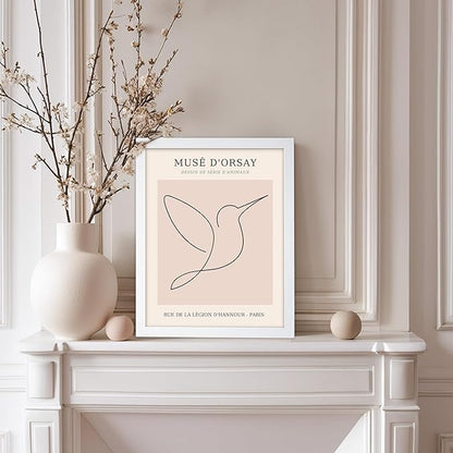 Poster Master Vintage Poster - Retro One Line Hummingbird Drawing Print - Bird Line Art - Minimal Gift for Him, Her, Animal Lover - Abstract Decor for Home, Office, 11x14 White Framed