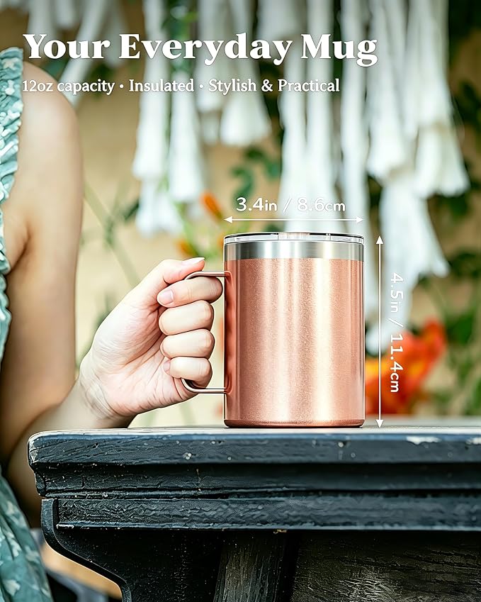12oz Insulated Coffee Mug with Lid – Includes Two Lids, Stainless Steel Coffee Travel Mug with Handle, Double Wall Vacuum Insulated Camping Mug for Home, Office & Outdoor, Rose Gold