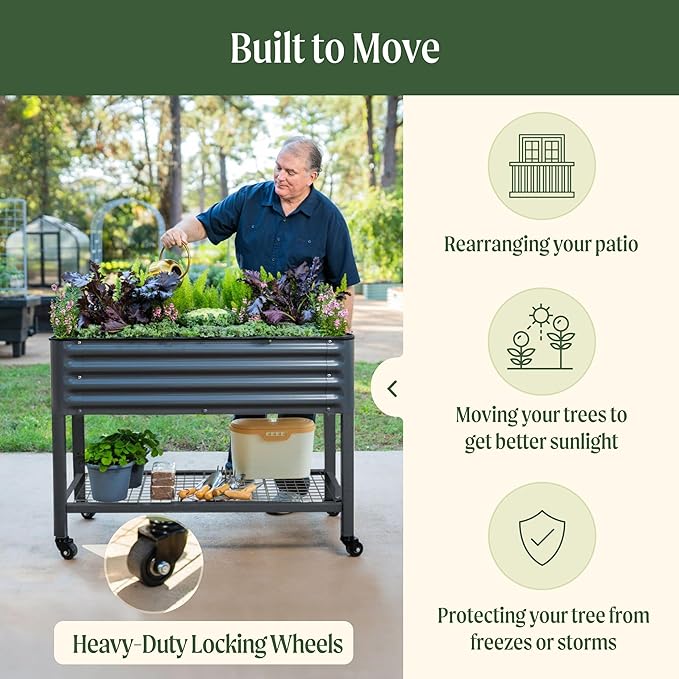 Rolling Elevated Raised Garden Bed-V Series, 2' x 8' Garden Beds with Legs & Storage Rack for Patio & Porch, 1400 Lbs Weight Capacity, Outdoor Planter Box for Vegetables Flower Herbs, Modern Gray