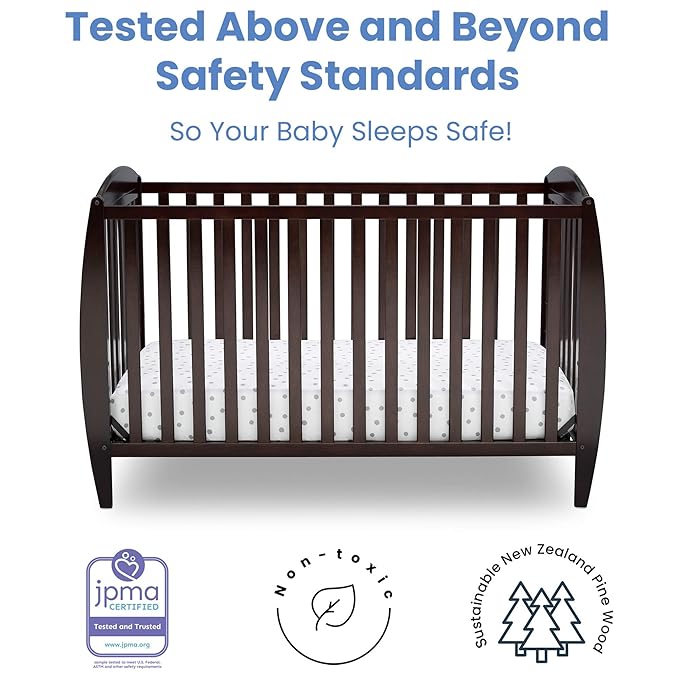 Delta Children Twinkle 4-in-1 Convertible Baby Crib, Sustainable New Zealand Wood, Dark Chocolate and Delta Children Twinkle Galaxy Dual Sided Recycled Fiber Core Crib and Toddler Mattress (Bundle)