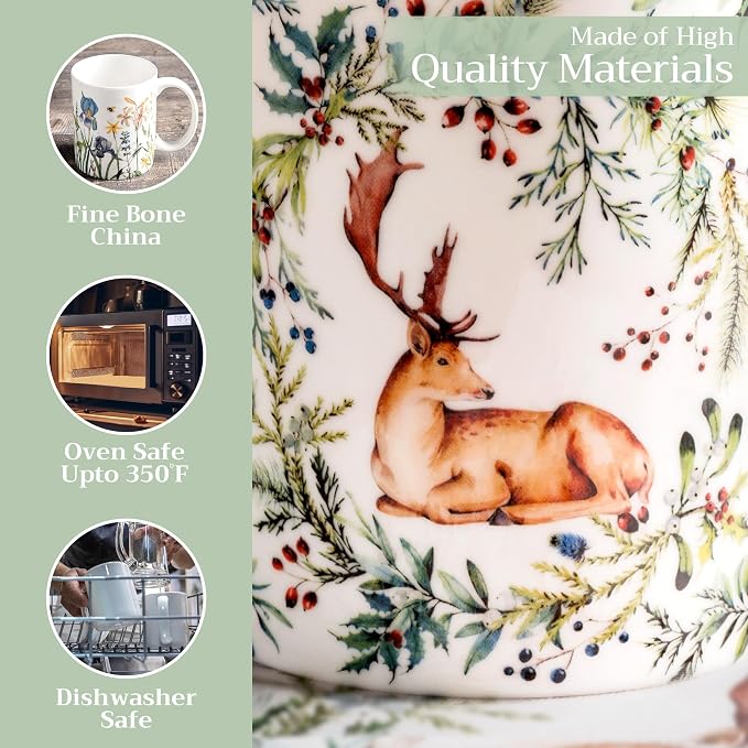 Maison d' Hermine Coffee Mug with Handles Tea Cups (12 Ounce, Pack of 1) | Fine Bone China Coffee Mugs for Hot Beverages Cappuccino Latte Home Restaurant Hotel Spring Summer -Holly Time - Cerf