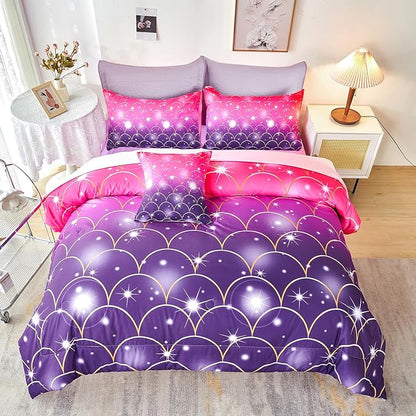 URBONUR Purple Glitter Comforter Set Queen Size for Girls 6 Piece Bed in A Bag Comforter with Sheets Set, Gradient Pink Purple Sparkle Mermaid Fish Scales Bedding Comforter Set