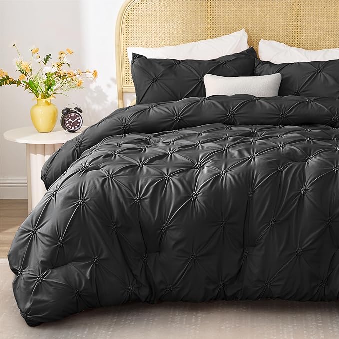 BEDELITE Black King Size Comforter Set - 3 Pieces Boho Pintuck Bedding Comforter Sets, Lightweight Soft & Warm King Bedding Set with 2 Pillowcases for All Season