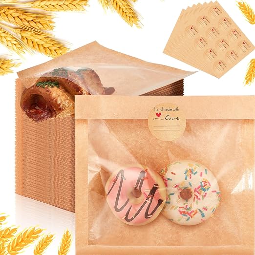 Outus 30 Pcs Cookie Packaging Bags with Seal, 7.1 x 7.5 Inch Bakery Pastry Bags with Window, Heat Sealable Grease Resistant Paper to Go Bake Sleeves for Gift Giving Donut Bread Sandwich (Brown)