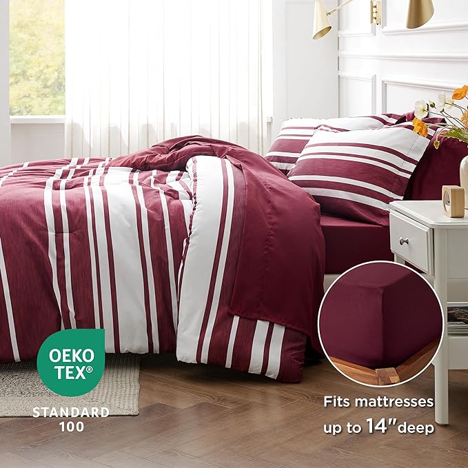 Bedsure Bed in a Bag California King Size 7-Piece Burgundy White Striped Bedding Comforter Sets All Season Bed Set, 2 Pillow Shams, Flat Sheet, Fitted Sheet and 2 Pillowcases