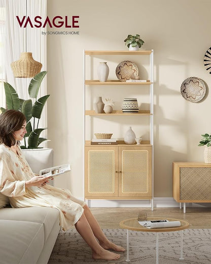 VASAGLE 6-Tier Bookcase, Bookshelf with Rattan-Like Door, Boho Style, Freestanding 30.1-Inch Wide Storage Shelf, Metal Frame, Adjustable Shelf, for Living Room, Oak Beige and Pearl White ULLS124W57